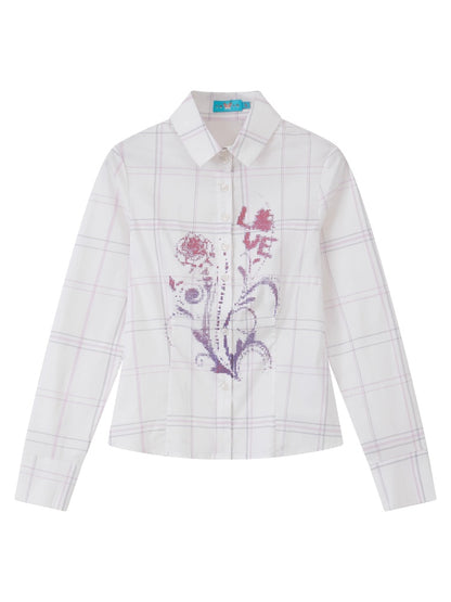 "Flower Language Between The Grid" Retro Print Plaid Long Sleeved Shirt【s0000013828】