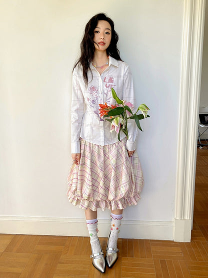 "Flower Language Between The Grid" Retro Print Plaid Long Sleeved Shirt【s0000013828】