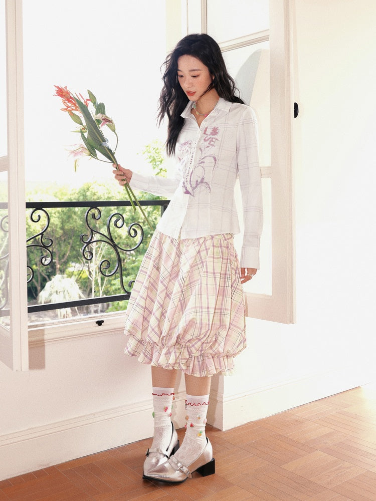 "Flower Language Between The Grid" Retro Print Plaid Long Sleeved Shirt【s0000013828】