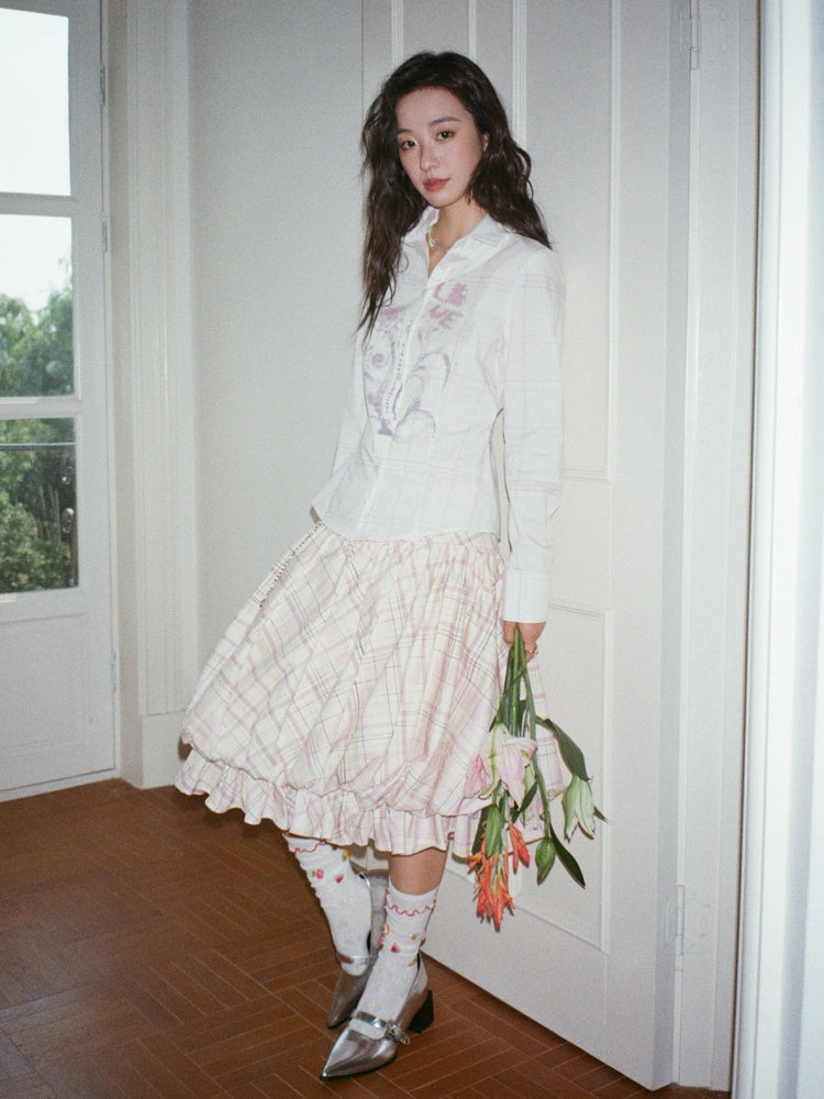 "Flower Language Between The Grid" Retro Print Plaid Long Sleeved Shirt【s0000013828】