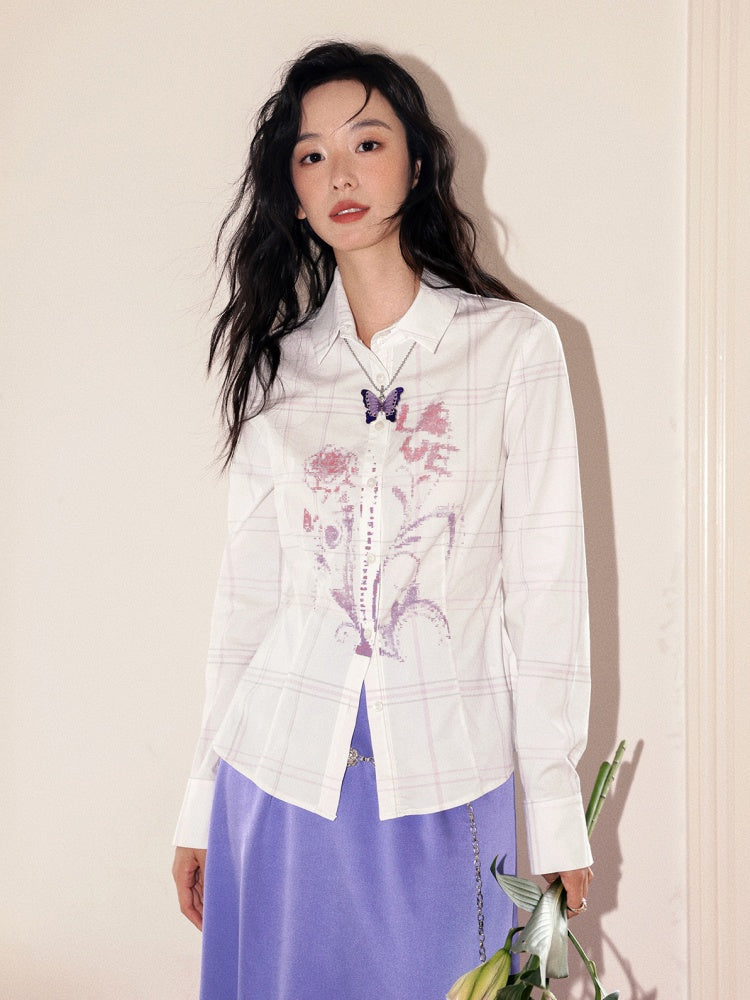 "Flower Language Between The Grid" Retro Print Plaid Long Sleeved Shirt【s0000013828】
