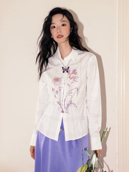 "Flower Language Between The Grid" Retro Print Plaid Long Sleeved Shirt【s0000013828】