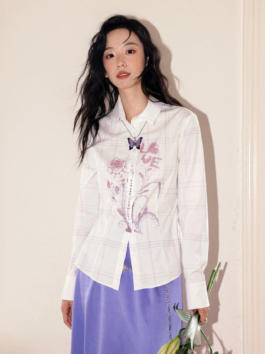"Flower Language Between The Grid" Retro Print Plaid Long Sleeved Shirt【s0000013828】