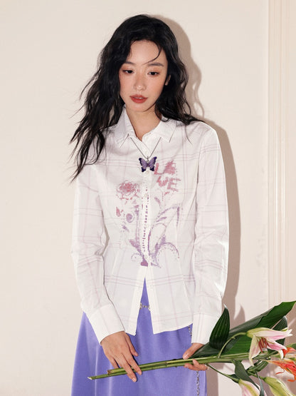 "Flower Language Between The Grid" Retro Print Plaid Long Sleeved Shirt【s0000013828】