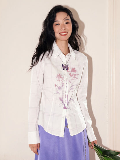 "Flower Language Between The Grid" Retro Print Plaid Long Sleeved Shirt【s0000013828】