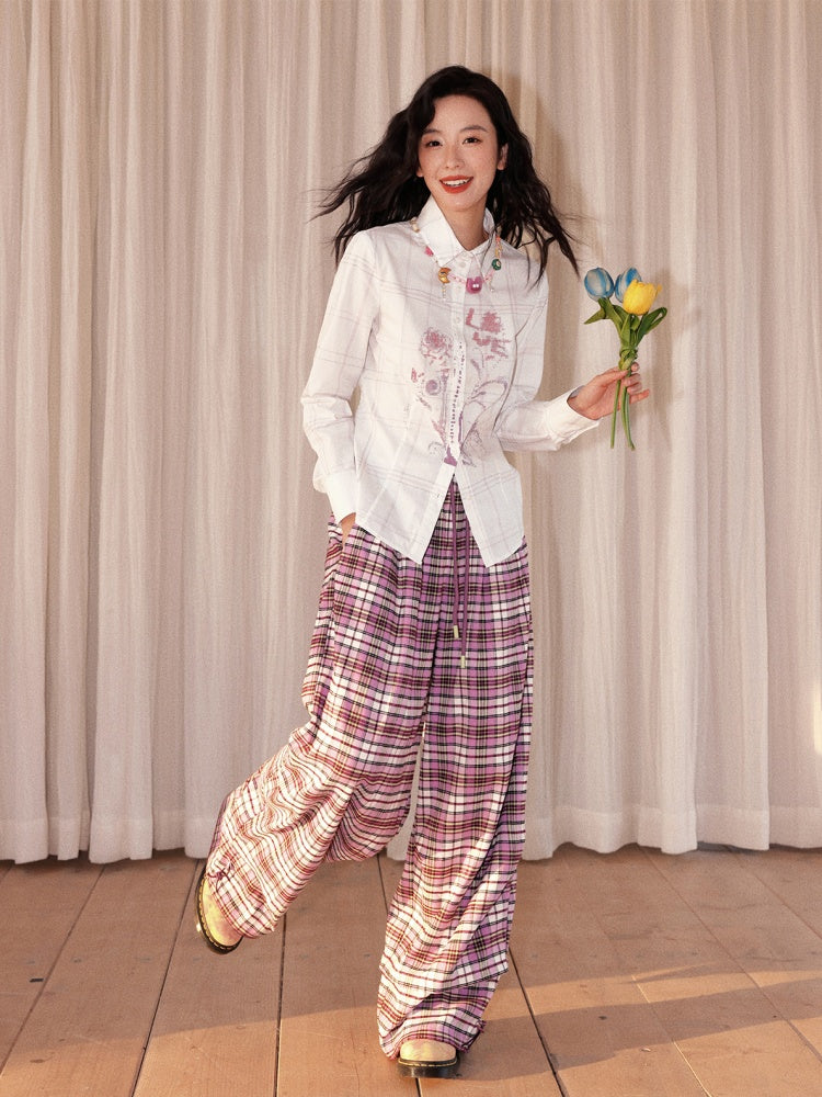 "Flower Language Between The Grid" Retro Print Plaid Long Sleeved Shirt【s0000013828】