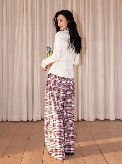 "Flower Language Between The Grid" Retro Print Plaid Long Sleeved Shirt【s0000013828】