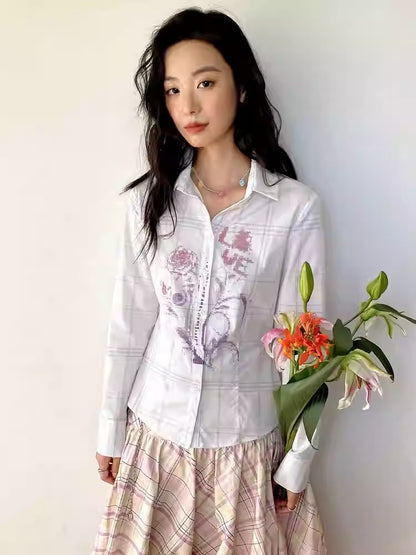 "Flower Language Between The Grid" Retro Print Plaid Long Sleeved Shirt【s0000013828】