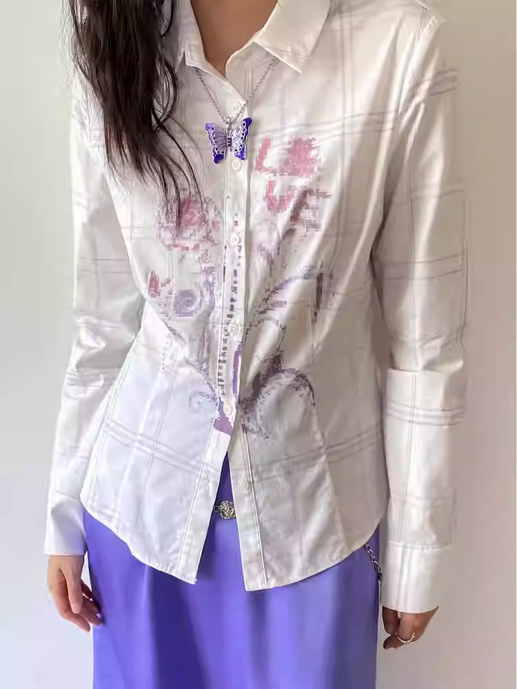 "Flower Language Between The Grid" Retro Print Plaid Long Sleeved Shirt【s0000013828】