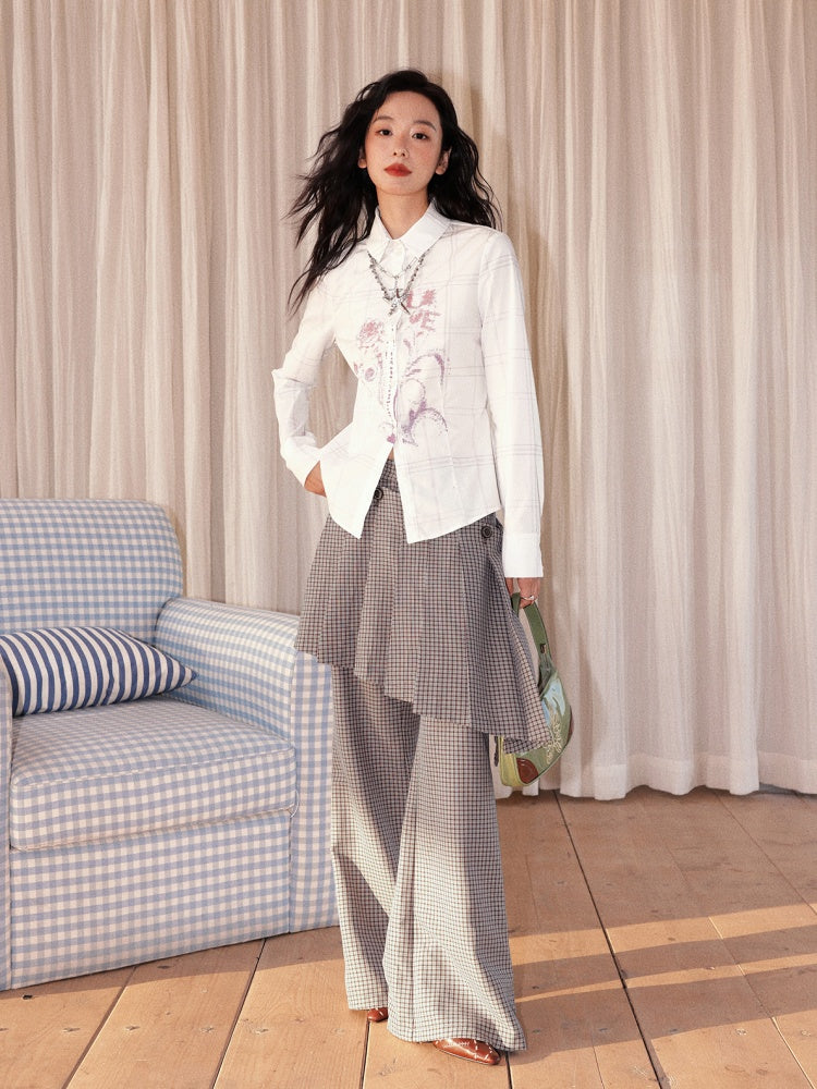 "Flower Language Between The Grid" Retro Print Plaid Long Sleeved Shirt【s0000013828】