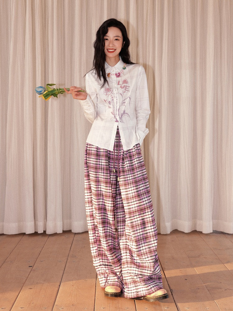 "Flower Language Between The Grid" Retro Print Plaid Long Sleeved Shirt【s0000013828】