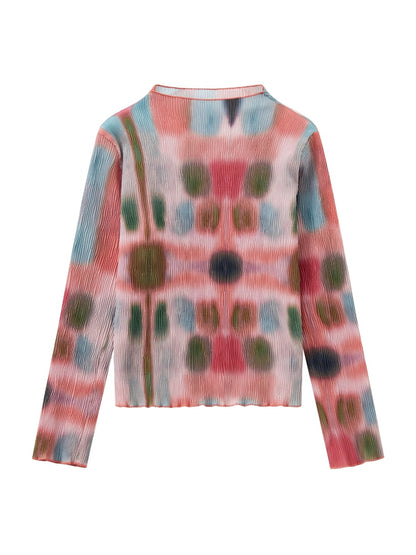 "Dream Movement" Pleated Printed Semi  High Collar High Elastic Slim Long Sleeved T-Shirt【s0000013829】