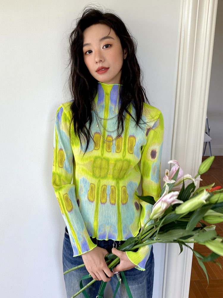 "Dream Movement" Pleated Printed Semi  High Collar High Elastic Slim Long Sleeved T-Shirt【s0000013829】