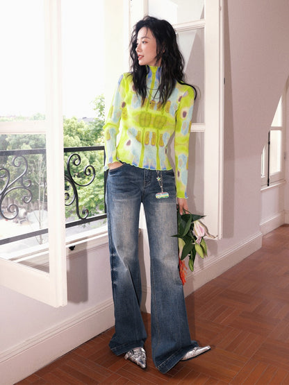 "Dream Movement" Pleated Printed Semi  High Collar High Elastic Slim Long Sleeved T-Shirt【s0000013829】