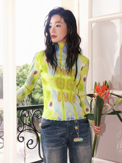 "Dream Movement" Pleated Printed Semi  High Collar High Elastic Slim Long Sleeved T-Shirt【s0000013829】