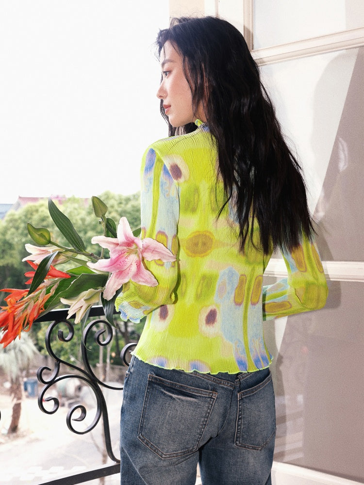 "Dream Movement" Pleated Printed Semi  High Collar High Elastic Slim Long Sleeved T-Shirt【s0000013829】