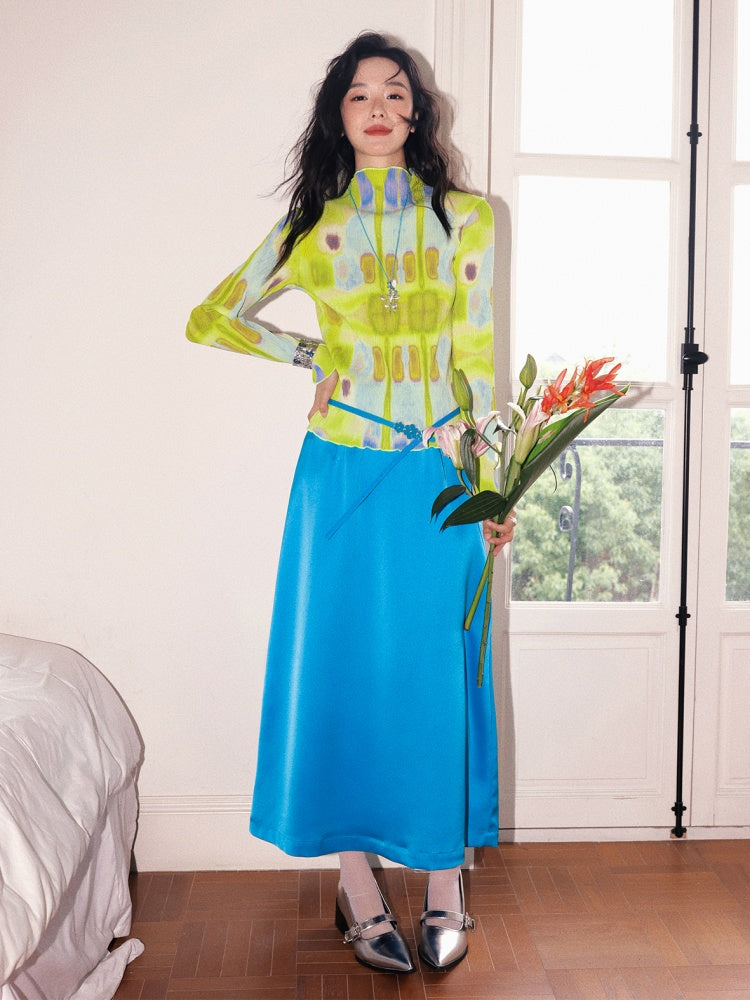 "Dream Movement" Pleated Printed Semi  High Collar High Elastic Slim Long Sleeved T-Shirt【s0000013829】
