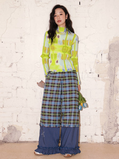"Dream Movement" Pleated Printed Semi  High Collar High Elastic Slim Long Sleeved T-Shirt【s0000013829】
