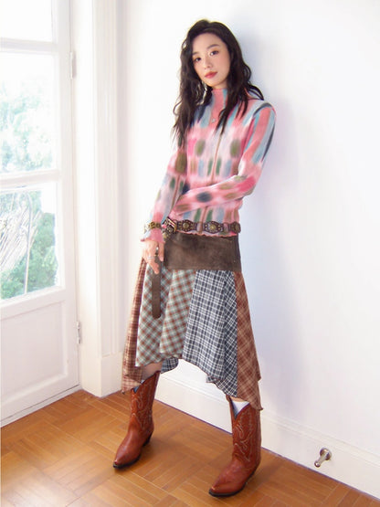 "Dream Movement" Pleated Printed Semi  High Collar High Elastic Slim Long Sleeved T-Shirt【s0000013829】
