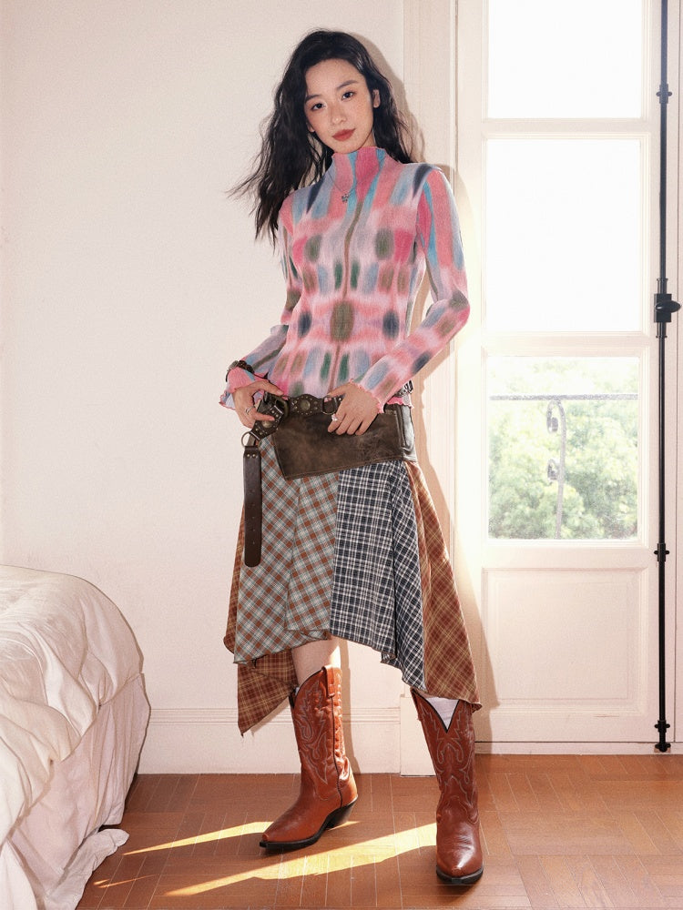 "Dream Movement" Pleated Printed Semi  High Collar High Elastic Slim Long Sleeved T-Shirt【s0000013829】