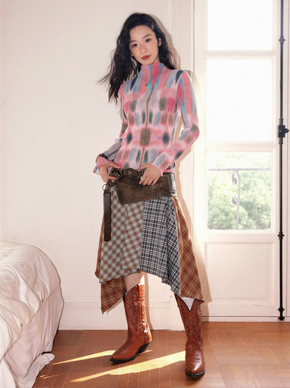 "Dream Movement" Pleated Printed Semi  High Collar High Elastic Slim Long Sleeved T-Shirt【s0000013829】