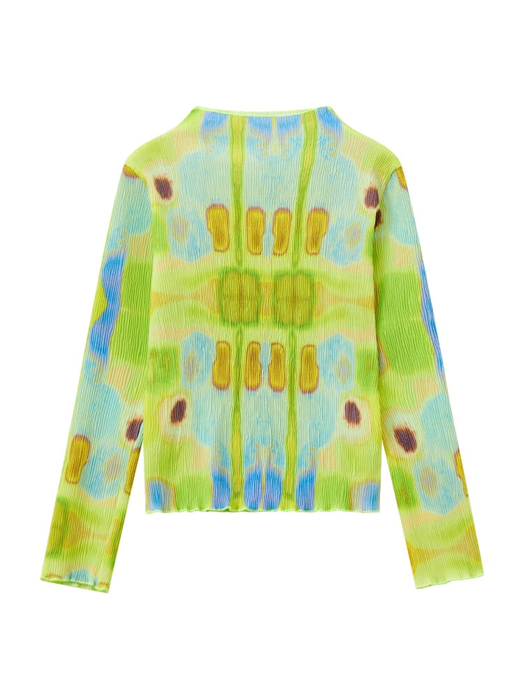 "Dream Movement" Pleated Printed Semi  High Collar High Elastic Slim Long Sleeved T-Shirt【s0000013829】