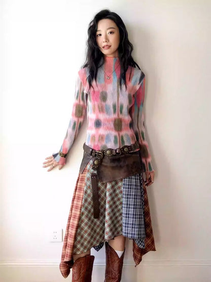 "Dream Movement" Pleated Printed Semi  High Collar High Elastic Slim Long Sleeved T-Shirt【s0000013829】