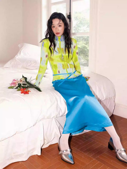 "Dream Movement" Pleated Printed Semi  High Collar High Elastic Slim Long Sleeved T-Shirt【s0000013829】