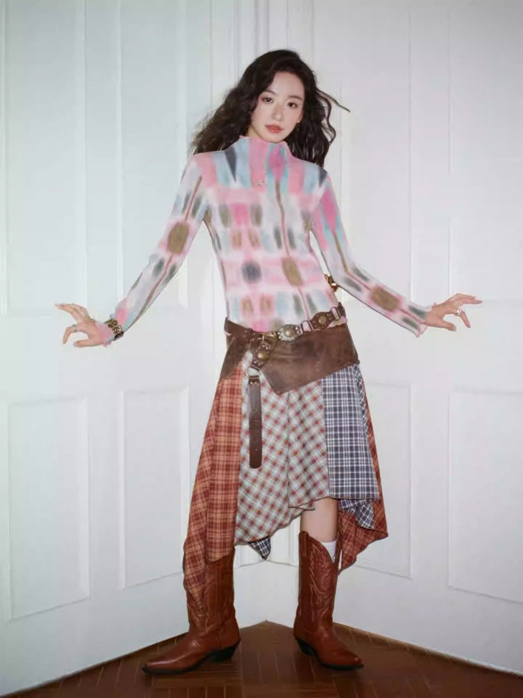 "Dream Movement" Pleated Printed Semi  High Collar High Elastic Slim Long Sleeved T-Shirt【s0000013829】
