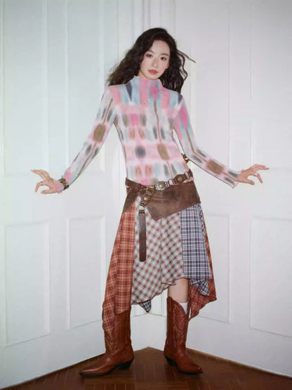 "Dream Movement" Pleated Printed Semi  High Collar High Elastic Slim Long Sleeved T-Shirt【s0000013829】