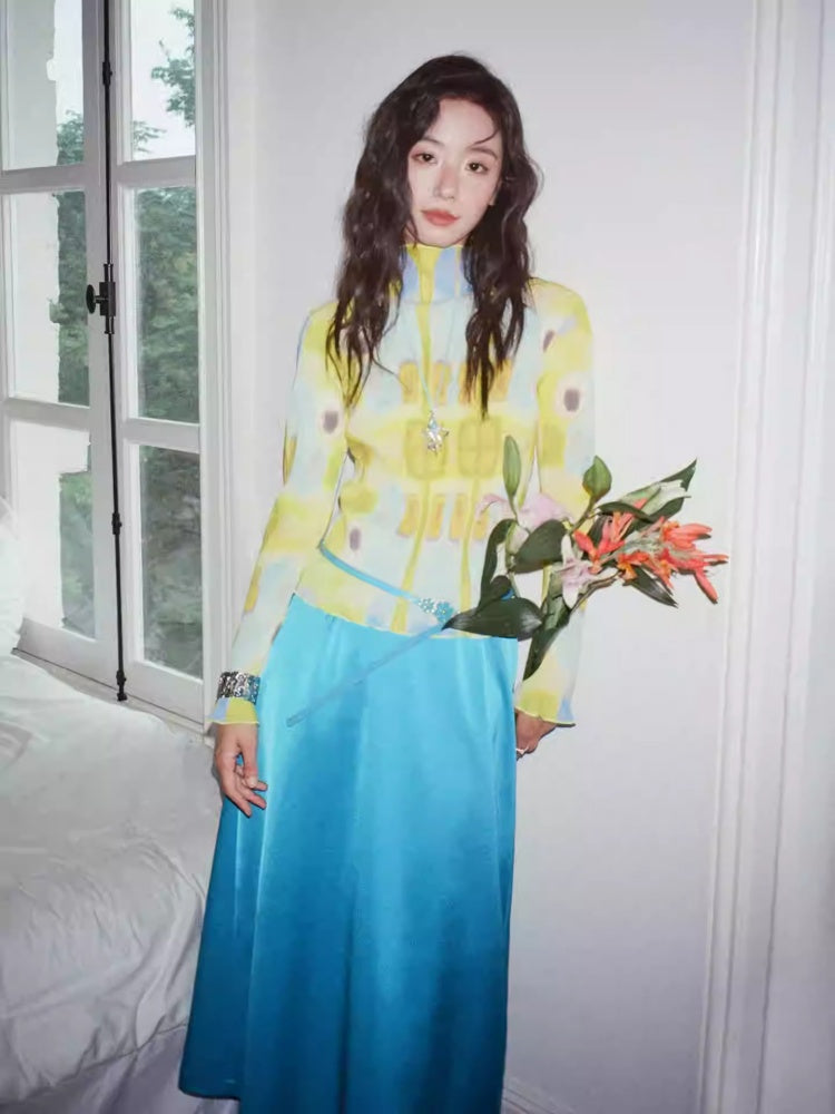 "Dream Movement" Pleated Printed Semi  High Collar High Elastic Slim Long Sleeved T-Shirt【s0000013829】