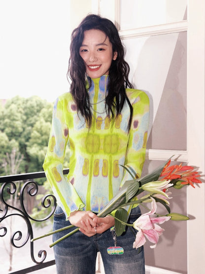 "Dream Movement" Pleated Printed Semi  High Collar High Elastic Slim Long Sleeved T-Shirt【s0000013829】