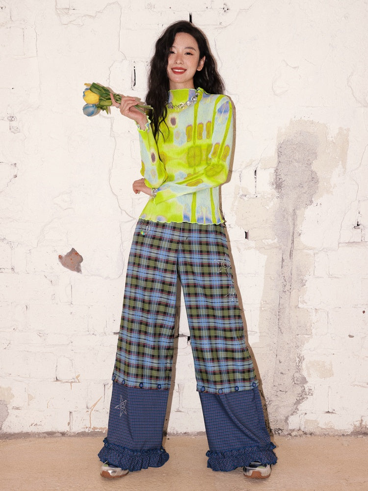 "Dream Movement" Pleated Printed Semi  High Collar High Elastic Slim Long Sleeved T-Shirt【s0000013829】
