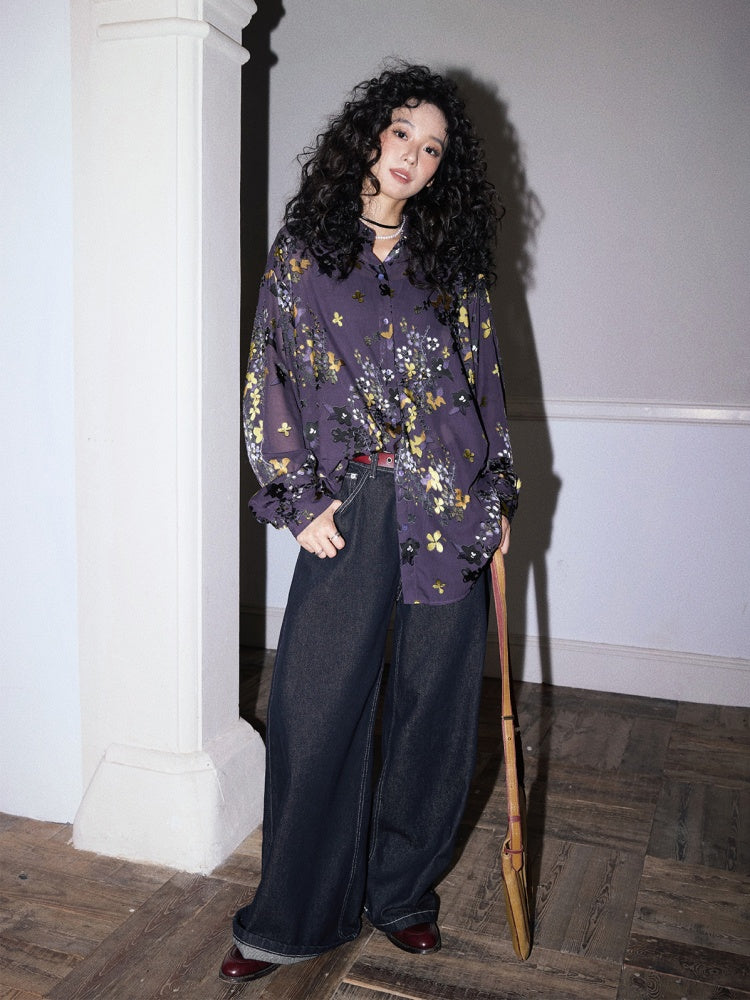 "Floating Light" Retro Loose Floral Long Sleeved Shirt【s0000013830】