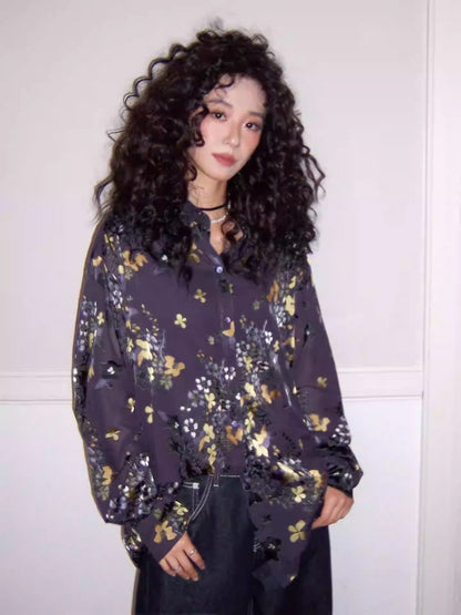 "Floating Light" Retro Loose Floral Long Sleeved Shirt【s0000013830】