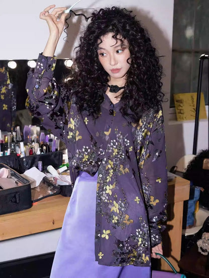 "Floating Light" Retro Loose Floral Long Sleeved Shirt【s0000013830】