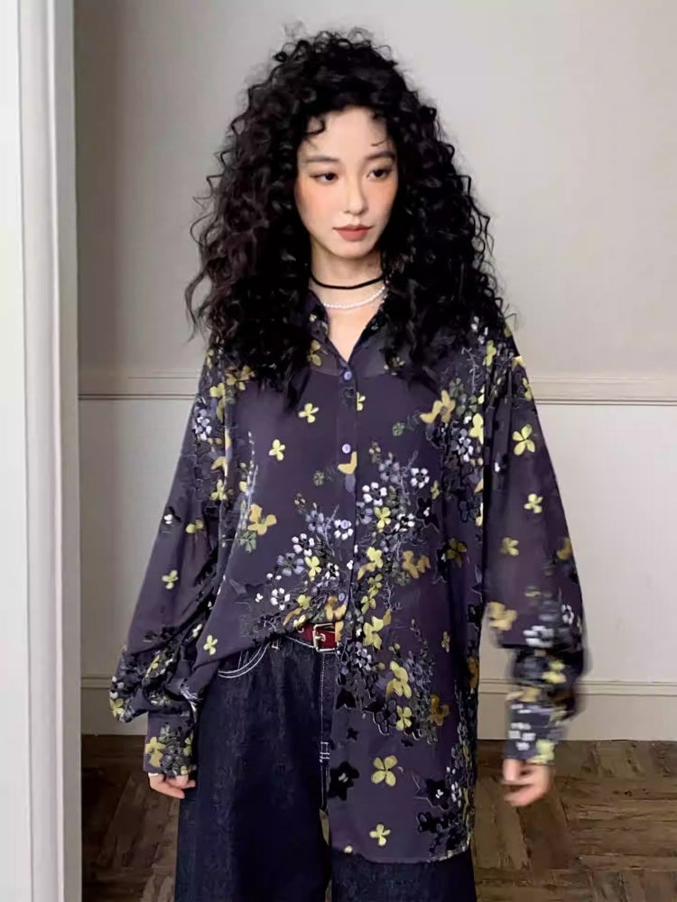 "Floating Light" Retro Loose Floral Long Sleeved Shirt【s0000013830】