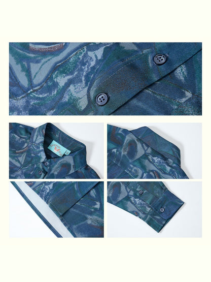 "Deep Blue Art Realm" Abstract Print Loose Long Sleeved Shirt【s0000013832】