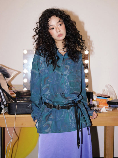 "Deep Blue Art Realm" Abstract Print Loose Long Sleeved Shirt【s0000013832】