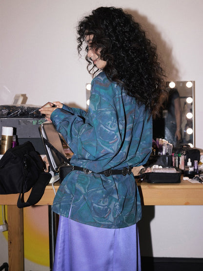 "Deep Blue Art Realm" Abstract Print Loose Long Sleeved Shirt【s0000013832】
