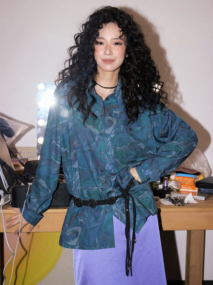 "Deep Blue Art Realm" Abstract Print Loose Long Sleeved Shirt【s0000013832】