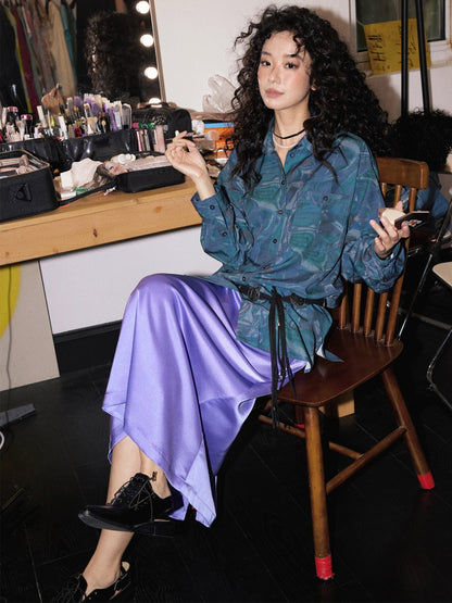 "Deep Blue Art Realm" Abstract Print Loose Long Sleeved Shirt【s0000013832】