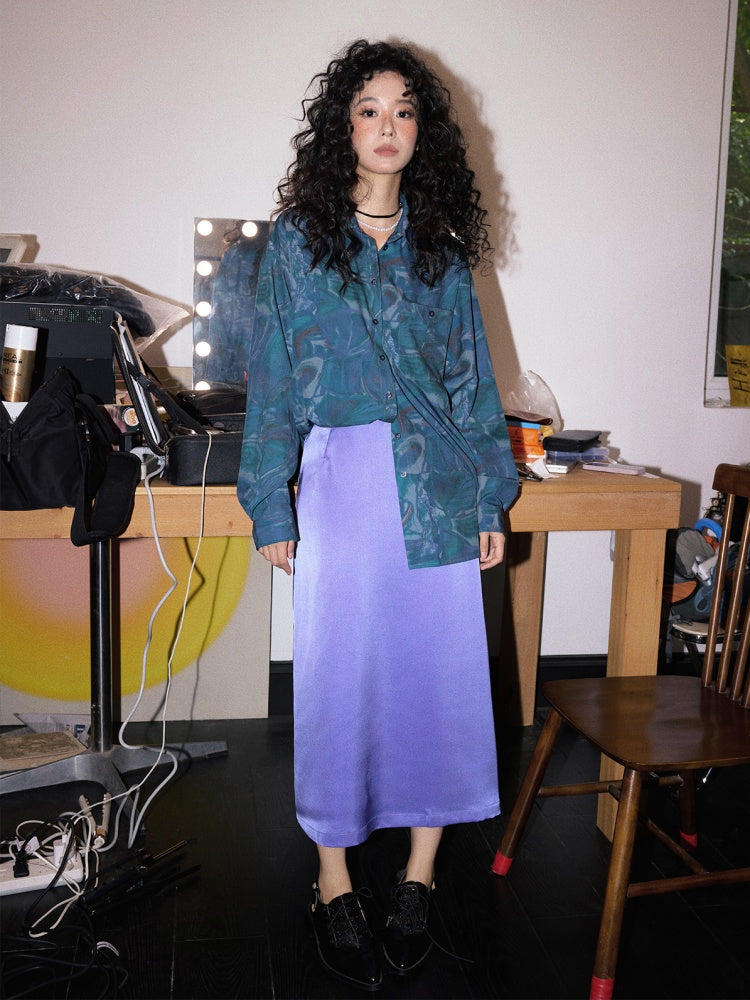 "Deep Blue Art Realm" Abstract Print Loose Long Sleeved Shirt【s0000013832】