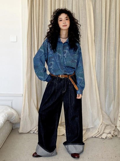 "Deep Blue Art Realm" Abstract Print Loose Long Sleeved Shirt【s0000013832】