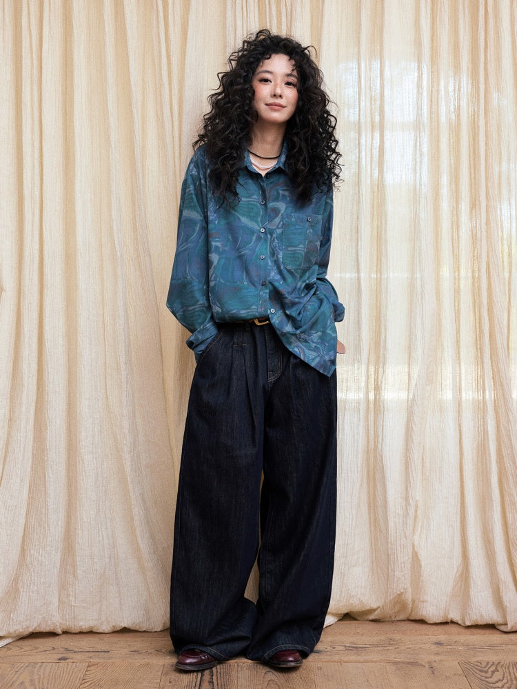 "Deep Blue Art Realm" Abstract Print Loose Long Sleeved Shirt【s0000013832】