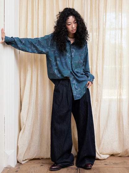 "Deep Blue Art Realm" Abstract Print Loose Long Sleeved Shirt【s0000013832】