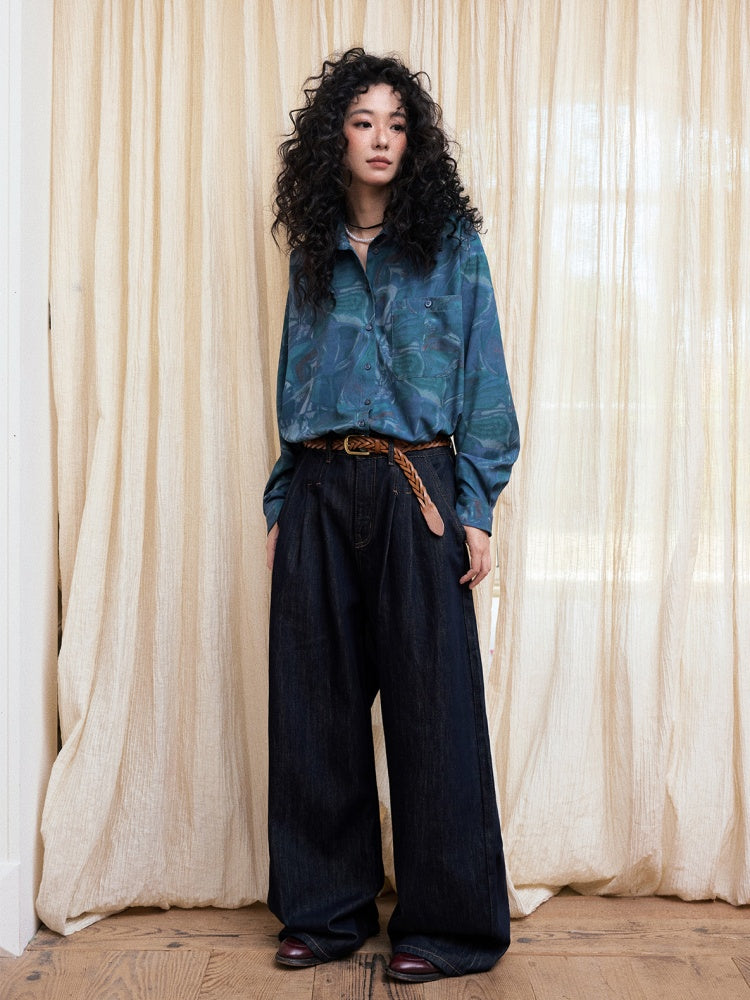 "Deep Blue Art Realm" Abstract Print Loose Long Sleeved Shirt【s0000013832】