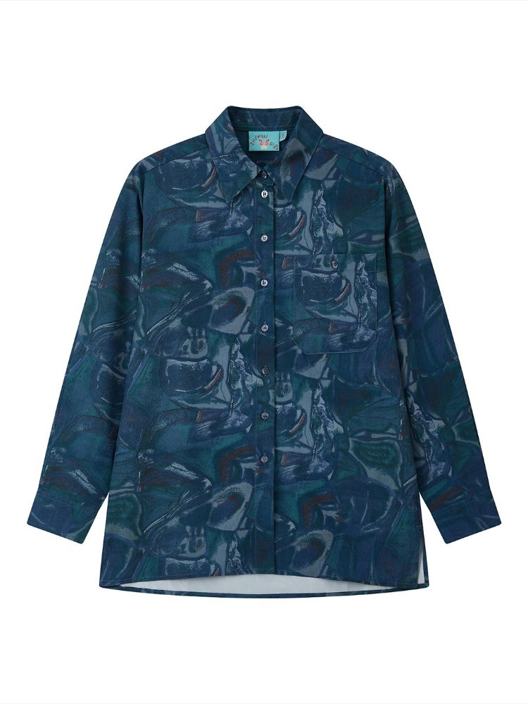 "Deep Blue Art Realm" Abstract Print Loose Long Sleeved Shirt【s0000013832】