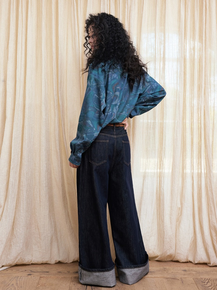 "Deep Blue Art Realm" Abstract Print Loose Long Sleeved Shirt【s0000013832】