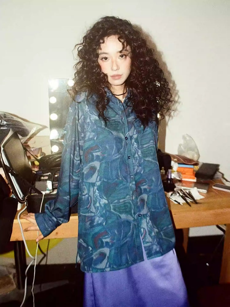 "Deep Blue Art Realm" Abstract Print Loose Long Sleeved Shirt【s0000013832】